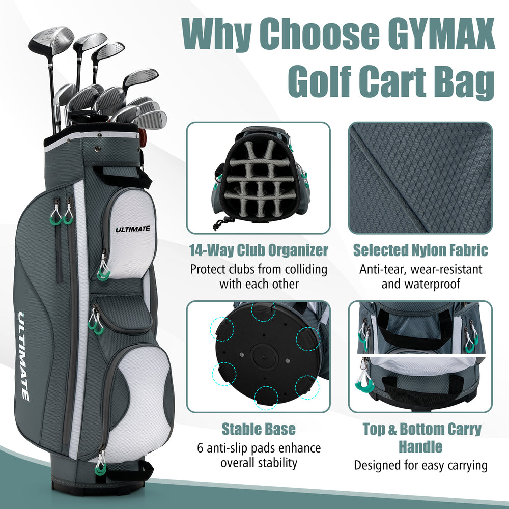 14-way dividers golf cart bag in gray with 7 zippered pockets, top and bottom carry handles for easy transport.
