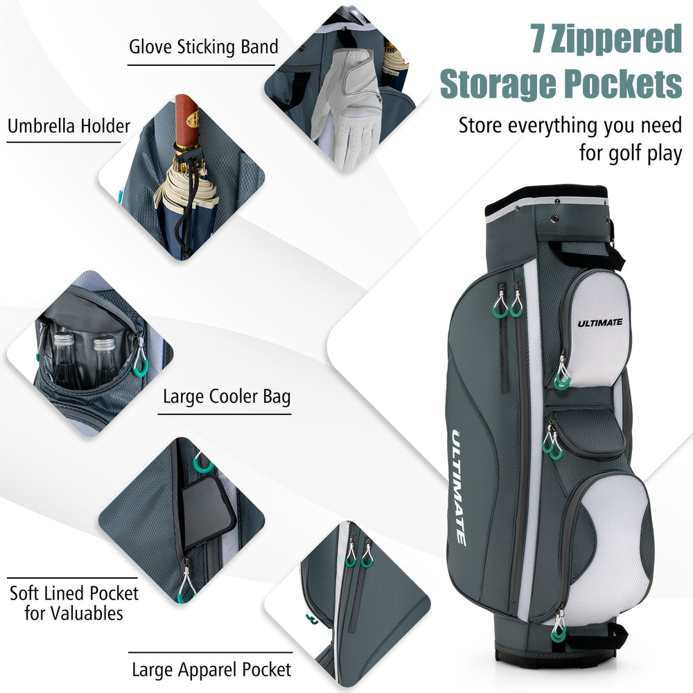 14-way dividers golf cart bag with 7 zippered pockets, including a cooler bag, designed for easy club storage and.