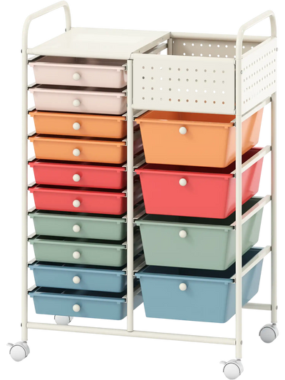 Costway 14-Drawer Rolling Storage Cart w/ Metal Tabletop Pegboard File Cabinet 30233372 New