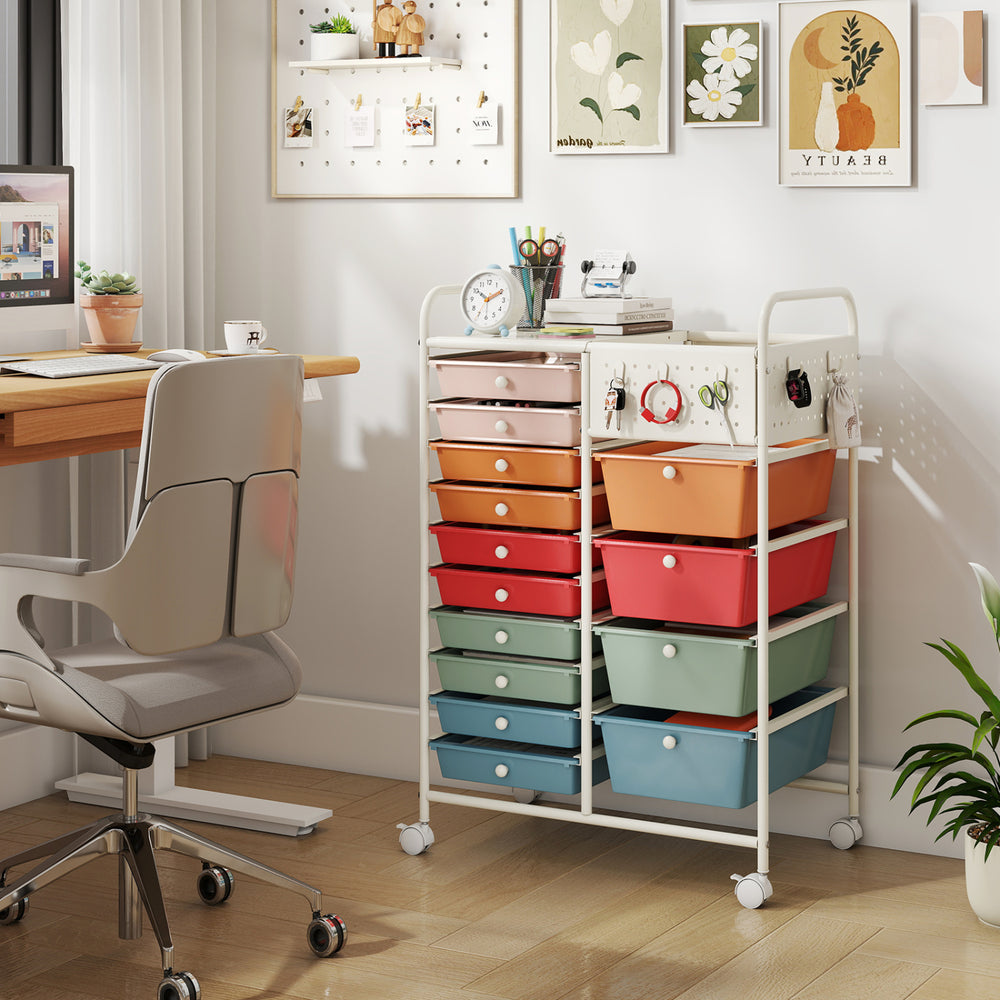 14-Drawer Rolling Storage Cart with Metal Tabletop and Pegboard-Macaron - Gallery View 1 of 10