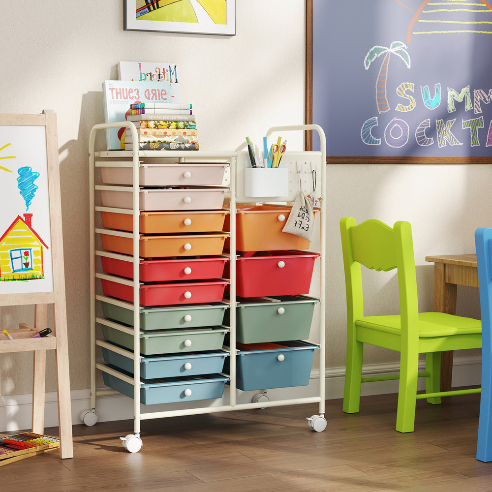 14-drawer rolling storage cart in macaron colors with metal tabletop and pegboard, ideal for organizing classrooms or.