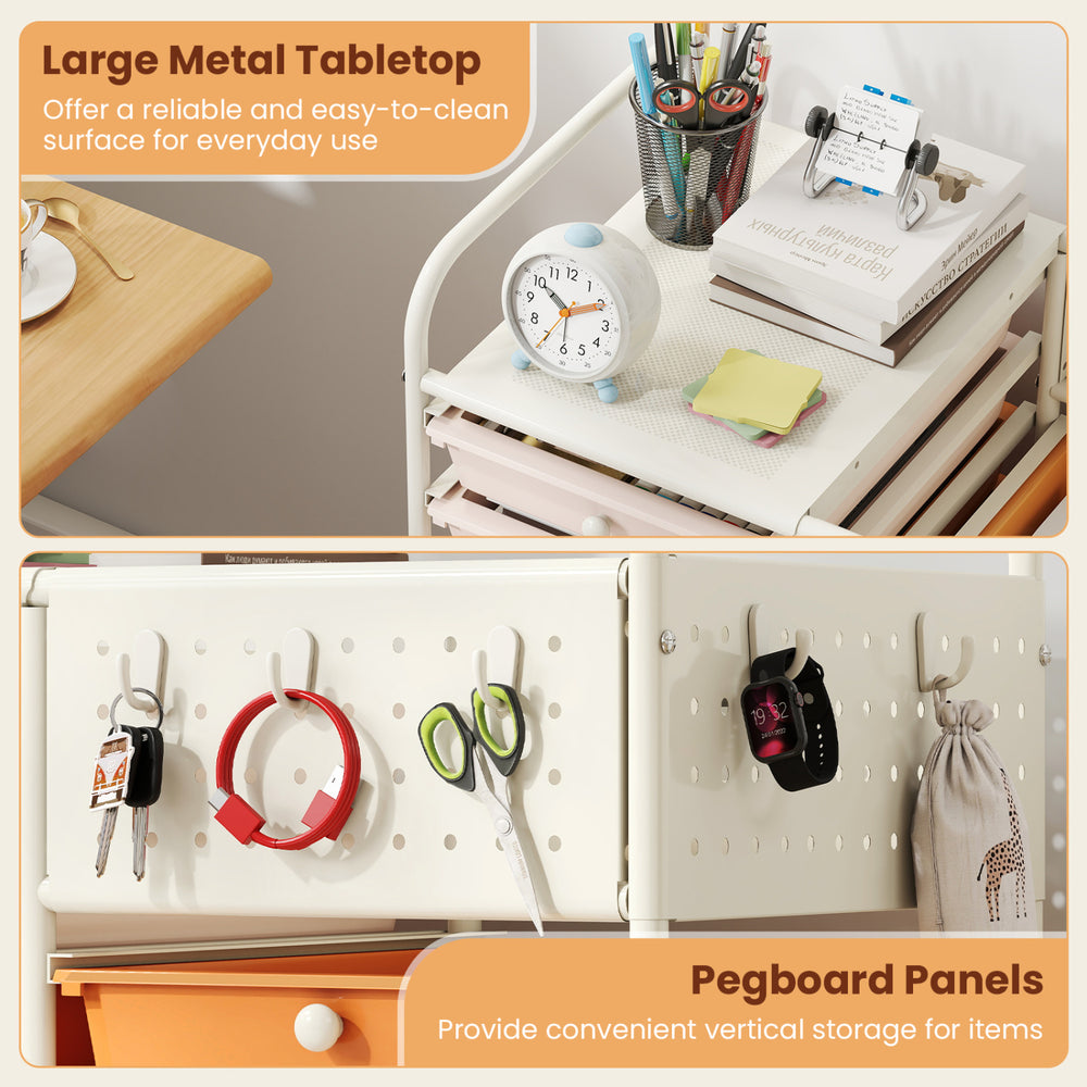 14-drawer rolling storage cart with a large metal tabletop and pegboard panels for versatile organization and easy.