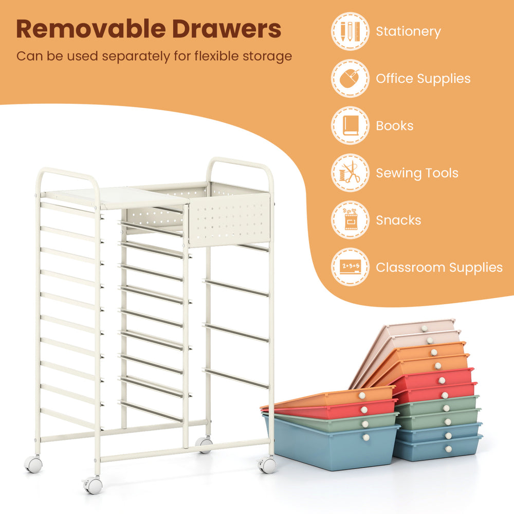 14-drawer rolling storage cart with metal tabletop, featuring removable drawers for flexible organization in various.