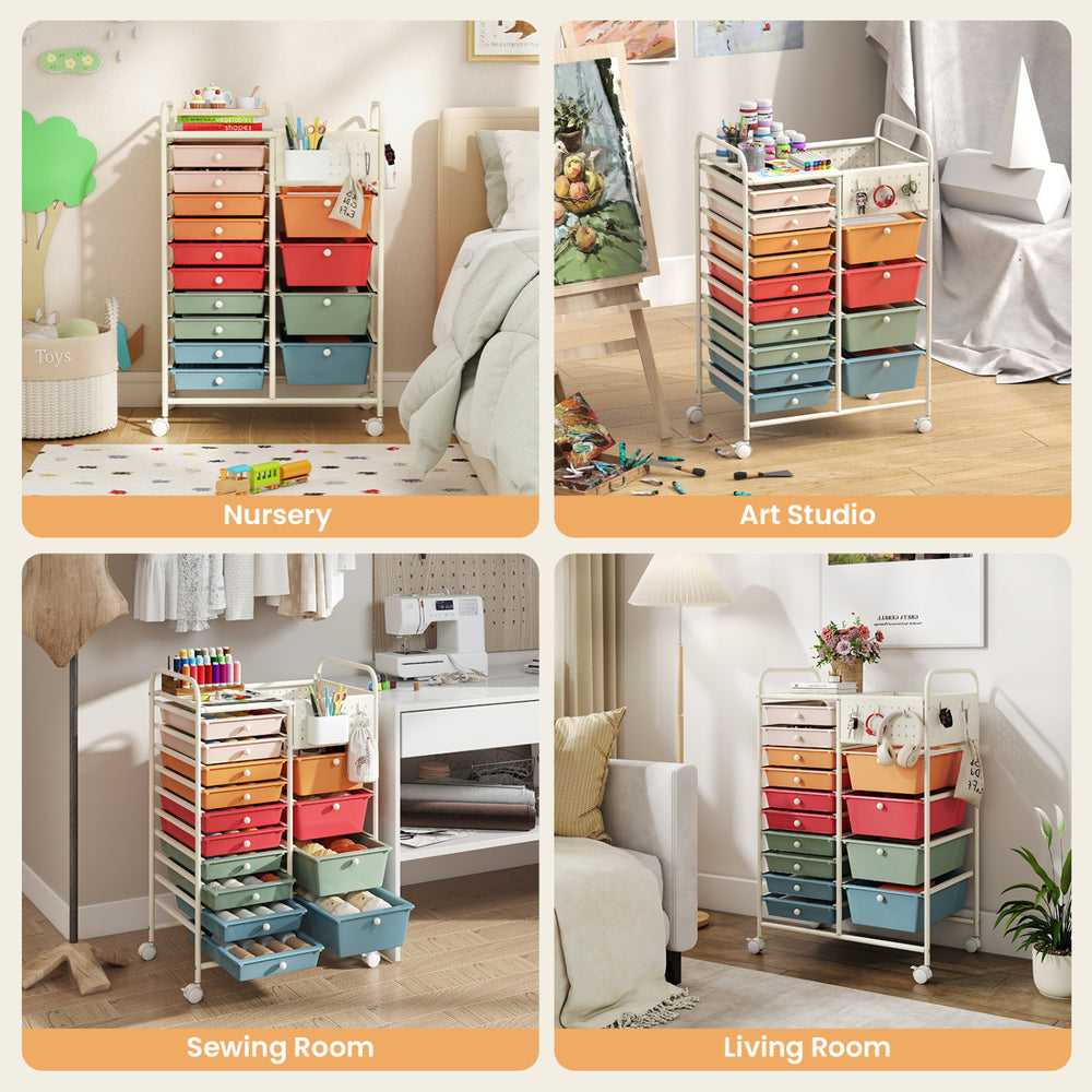 14-drawer rolling storage cart with metal tabletop and pegboard, ideal for organizing in nurseries, studios, and living.