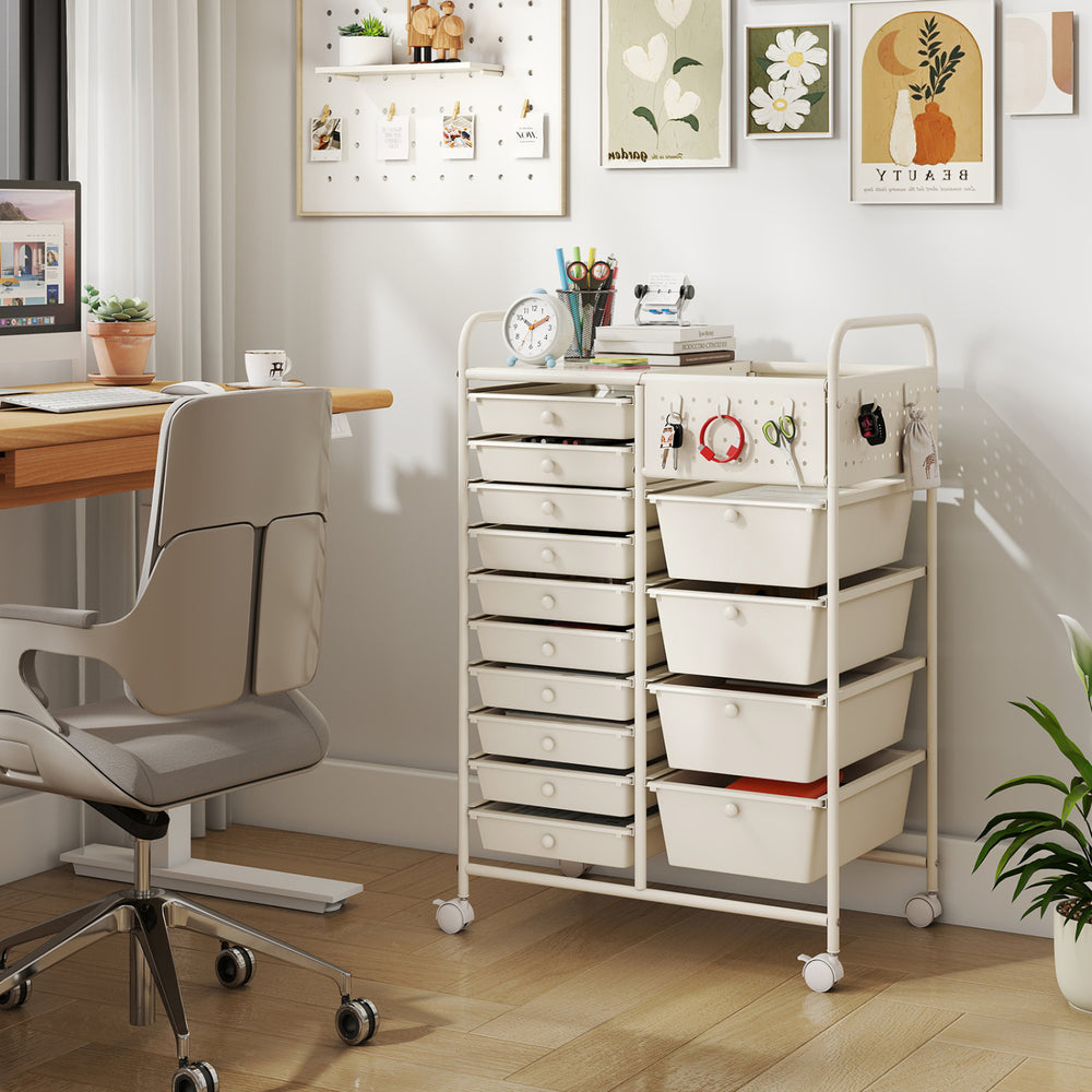 14-Drawer Rolling Storage Cart with Metal Tabletop and Pegboard-White - Gallery View 1 of 10