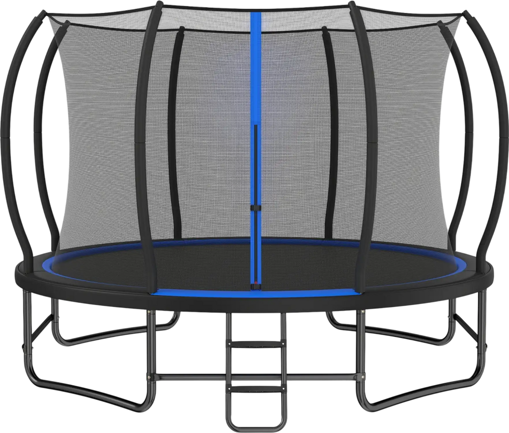 14 FT outdoor recreational trampoline with a dense mesh enclosure and 4 stabilizer bars for safe backyard fun.