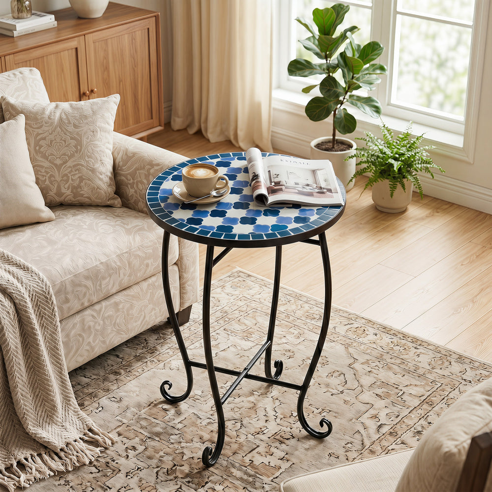 14" Floral Clover/Blooming Lotus/Bright Sunflower Mosaic Patio Accent Coffee End Table-Blue - Gallery View 1 of 9