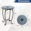 Dimensions of the 14" floral mosaic patio accent coffee table with a stable X base, suitable for indoor or outdoor use.