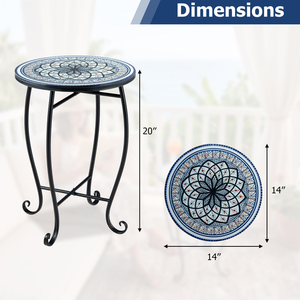 Dimensions of the 14" floral mosaic patio accent coffee table with a stable X base, suitable for indoor or outdoor use.