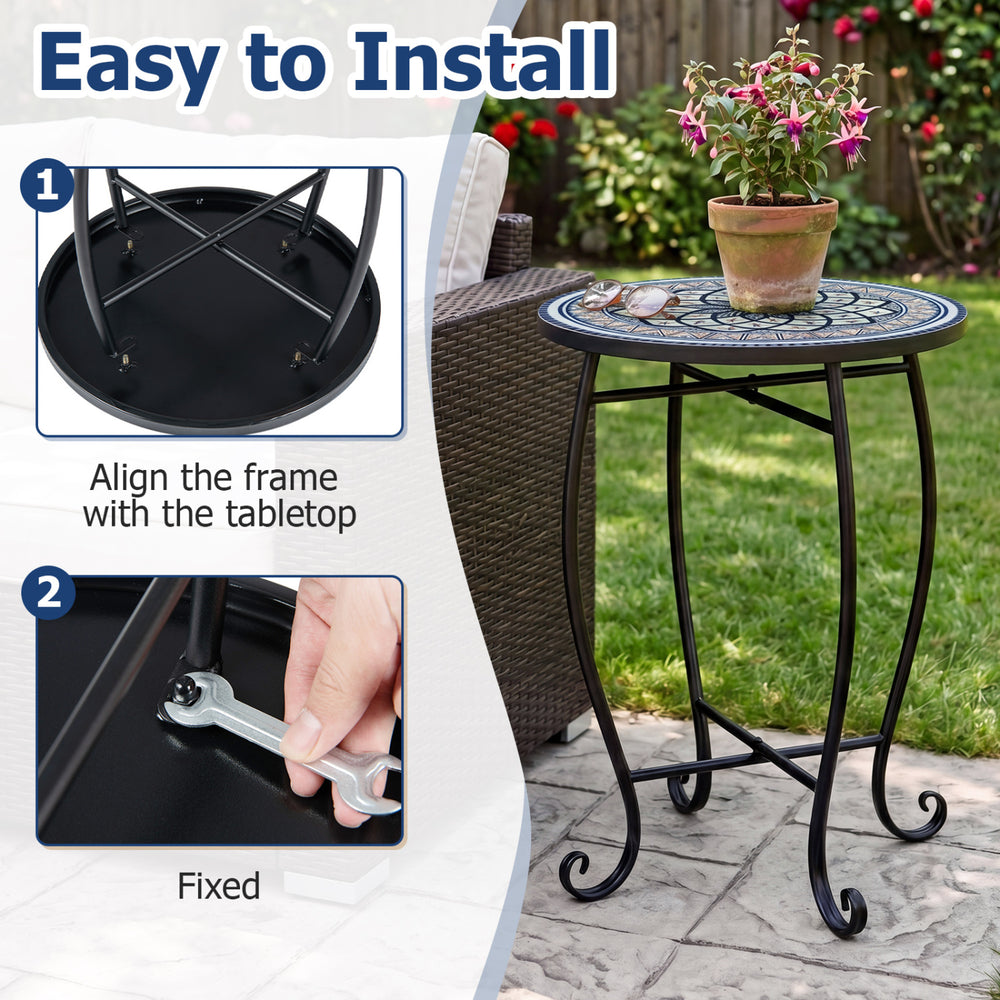 14" floral mosaic patio accent coffee end table with a robust metal frame, ideal for outdoor or indoor use.