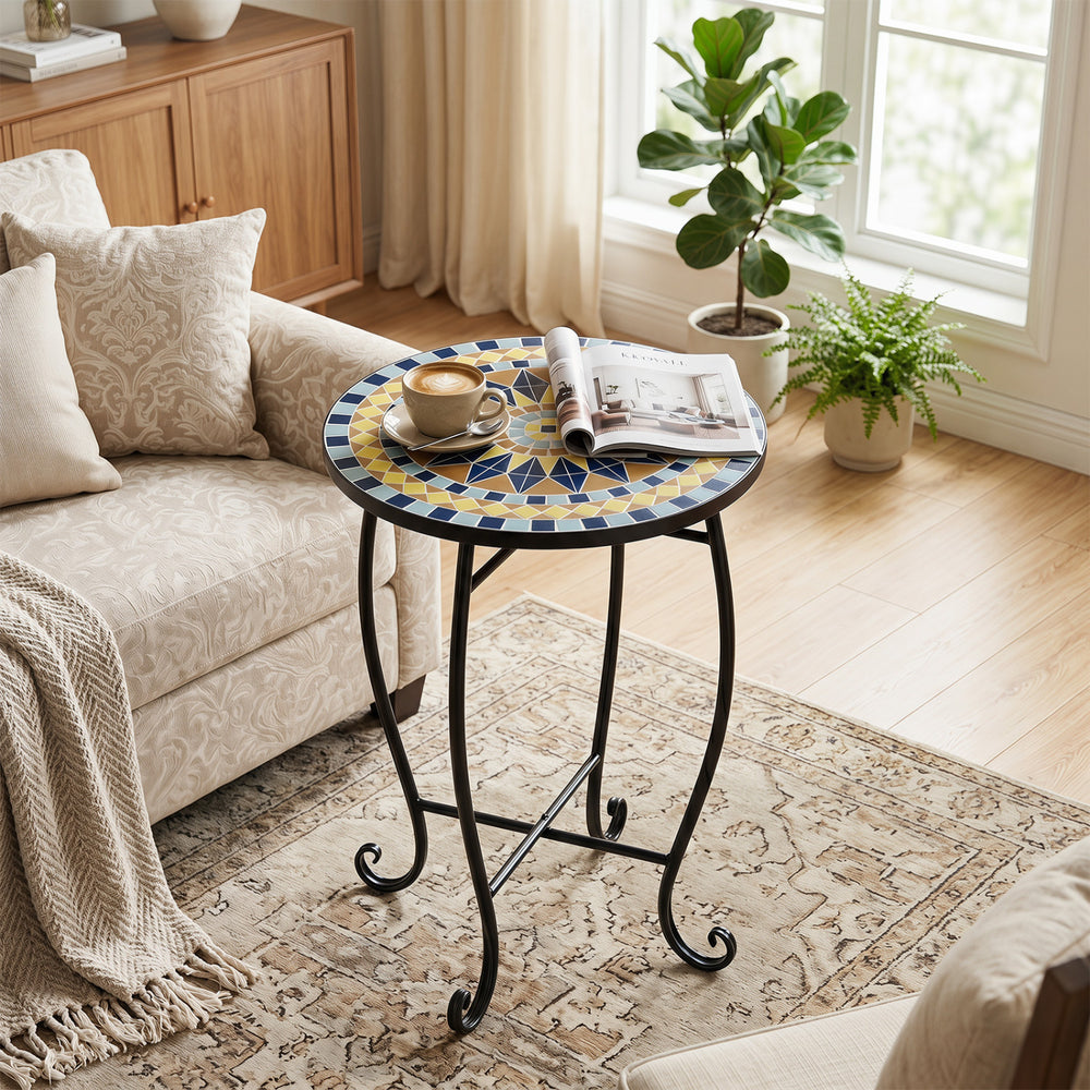 14" Floral Clover/Blooming Lotus/Bright Sunflower Mosaic Patio Accent Coffee End Table-Yellow - Gallery View 1 of 9