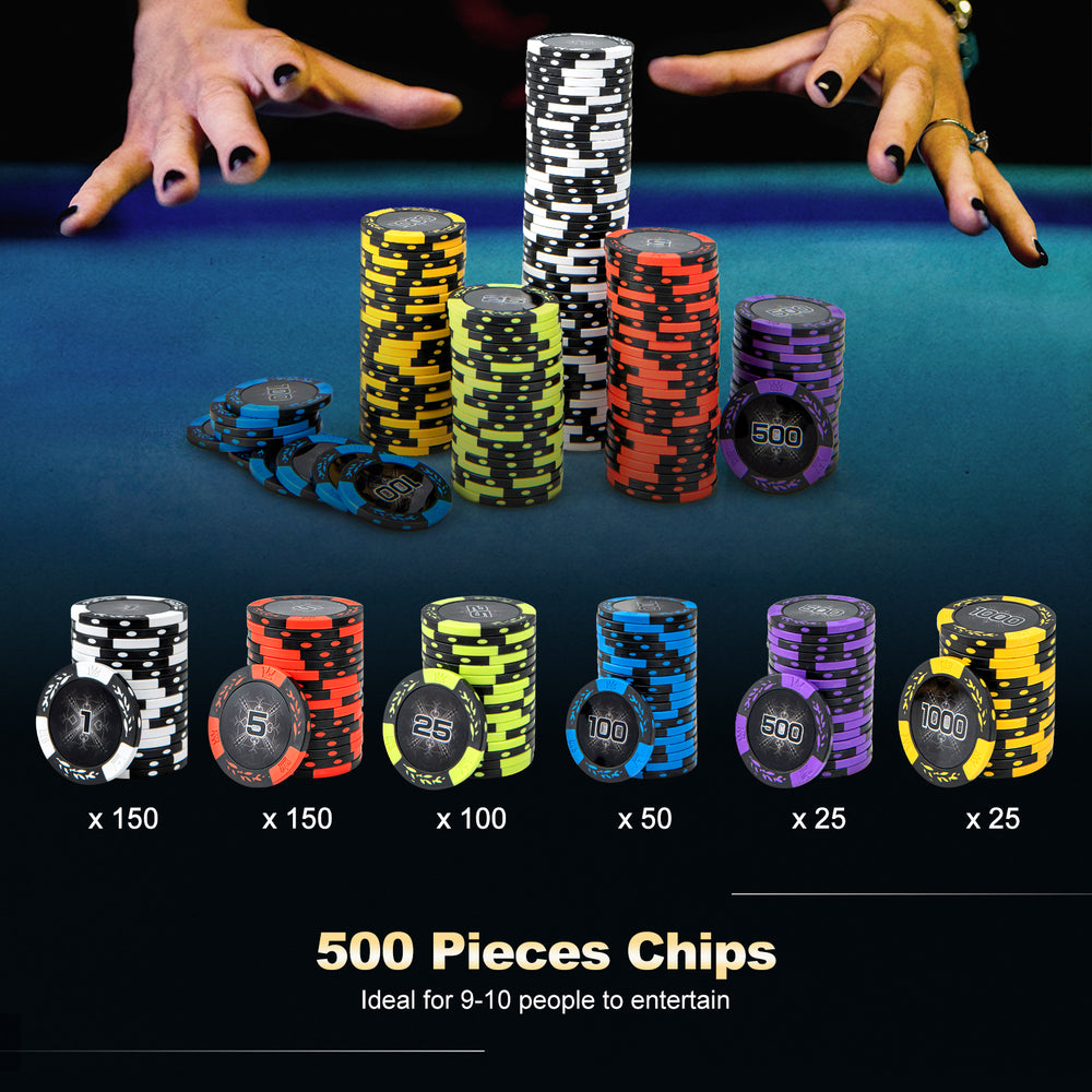500-piece Texas Holdem poker chip set with 14g chips, ideal for 9-10 players, perfect for gatherings and tournaments.