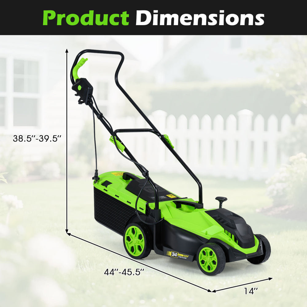 14-inch corded electric lawn mower dimensions with adjustable handle height for comfortable use and easy maneuverability.