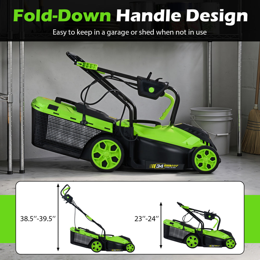 14-inch corded electric lawn mower with fold-down handle design for easy storage and 5-position height adjustment.
