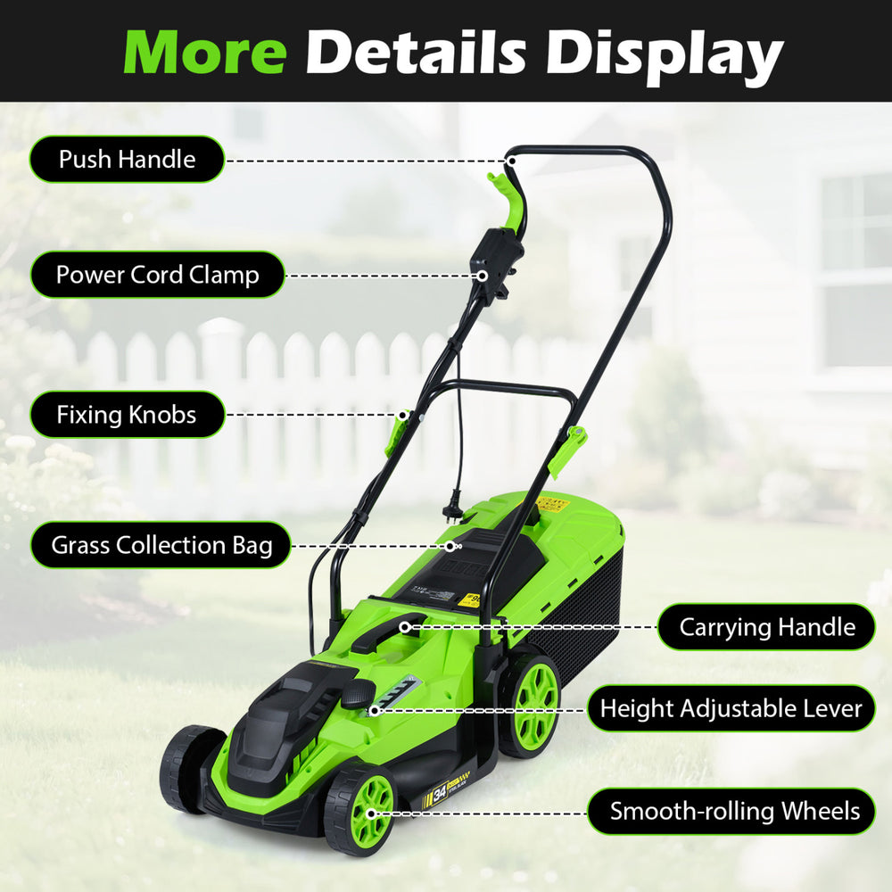 14-inch corded electric lawn mower features a 12-amp motor, adjustable height lever, and smooth-rolling wheels for easy maneuvering.