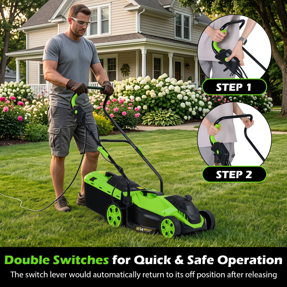 14-inch corded electric lawn mower with a 12-amp motor, featuring 5-position height adjustment for efficient mowing.