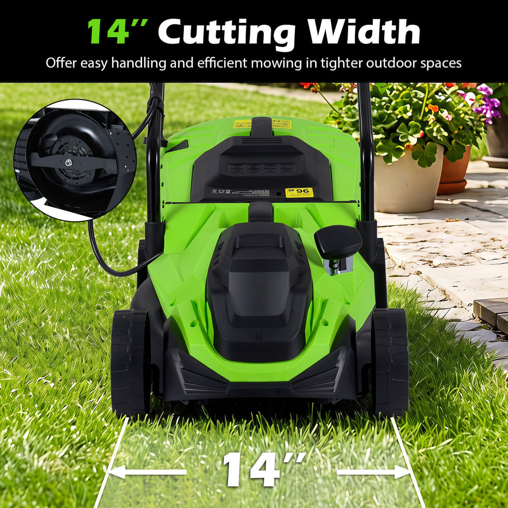 14-inch corded electric lawn mower with a 12-amp motor, 5-position height adjustment, and lightweight design for easy maneuvering.