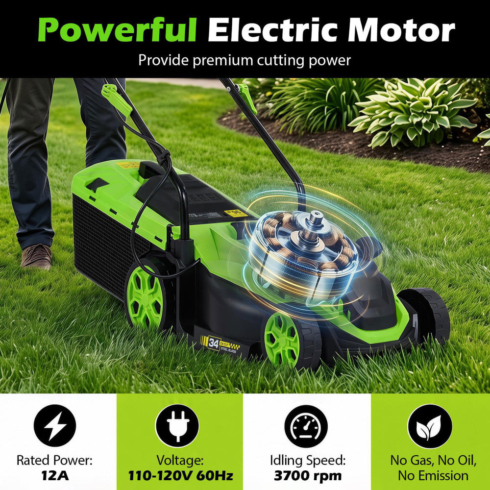 14-inch 12-amp corded electric lawn mower with 5-position height adjustment for efficient and comfortable mowing.