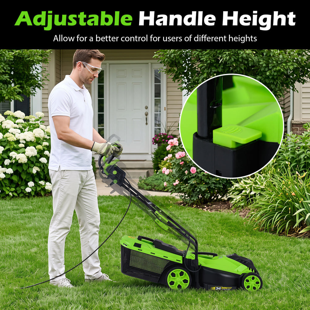 14-inch corded electric lawn mower with 12-amp motor and adjustable handle height for user comfort and efficient mowing.