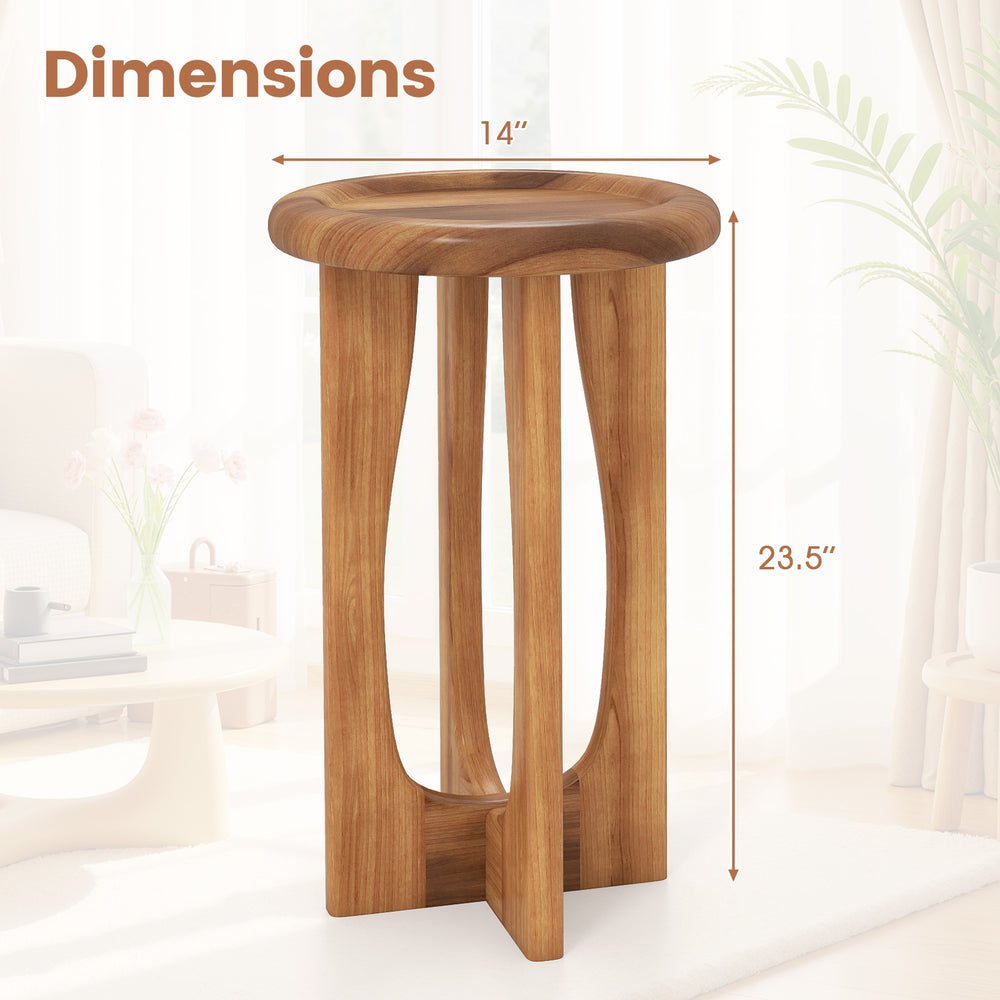 Round tray top end table made of solid mahogany with cross legs, dimensions 14" x 23.5", perfect for living rooms or.