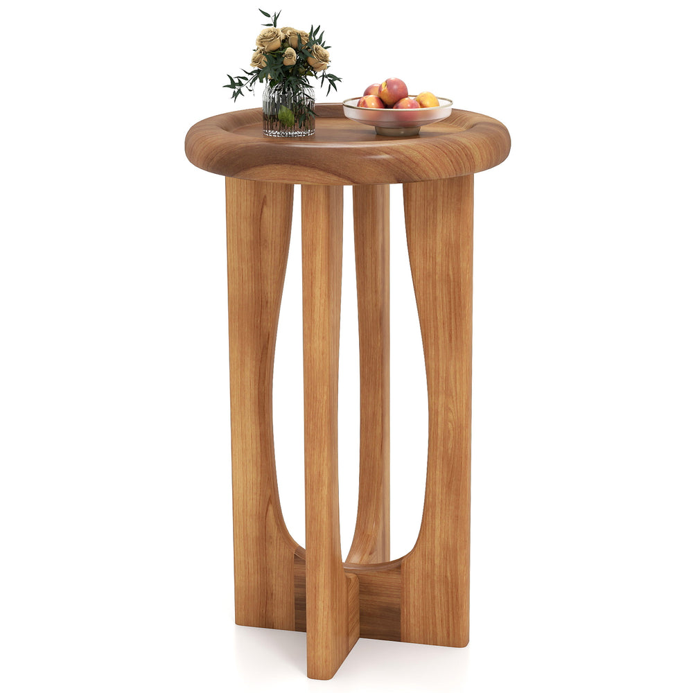 14-inch farmhouse end table with round tray top, solid mahogany wood, and cross legs, perfect for living room or patio.