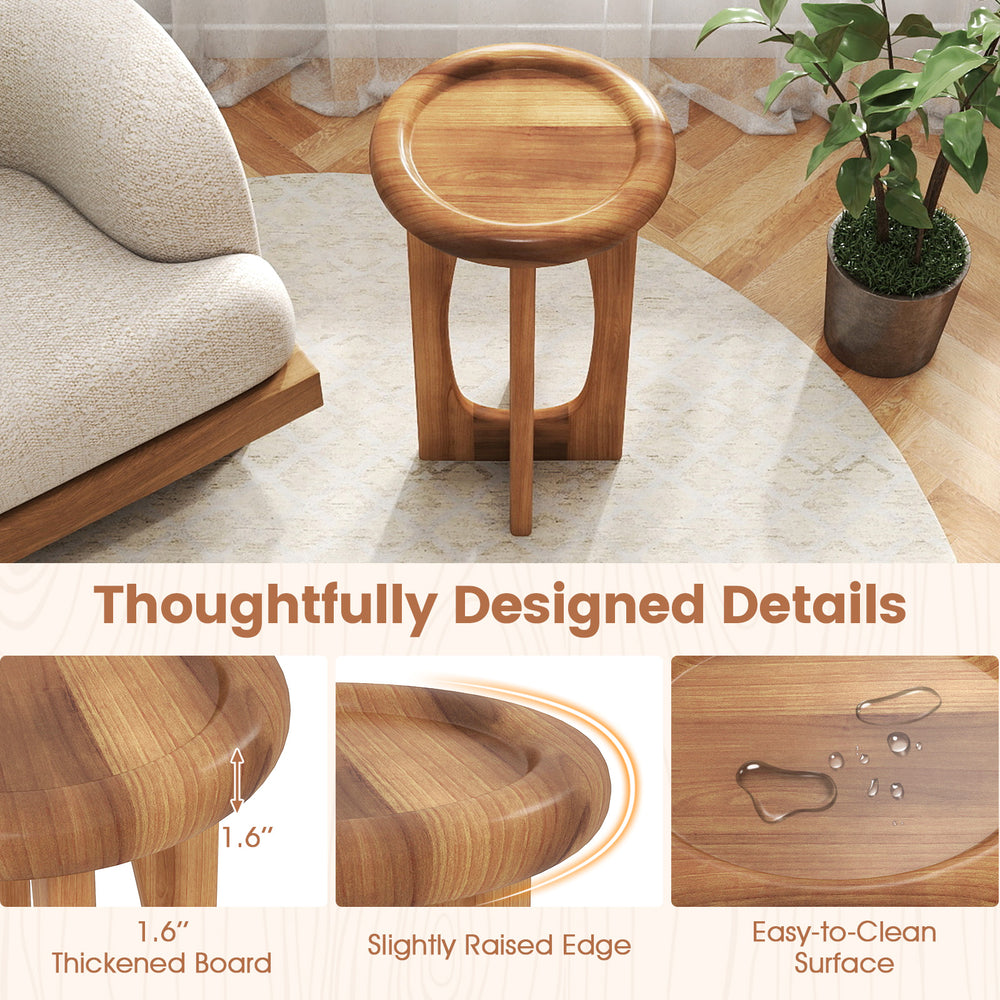 Round tray top end table made of solid mahogany with thickened cross legs, perfect for living room or patio use.