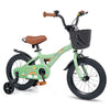 14-inch green girls bike showcases a soft padded seat, easy-to-grip handle, and a front basket for added convenience.