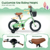 14-inch green girls bike for ages 3-5 features adjustable seat, handlebar, and a convenient basket for fun rides.