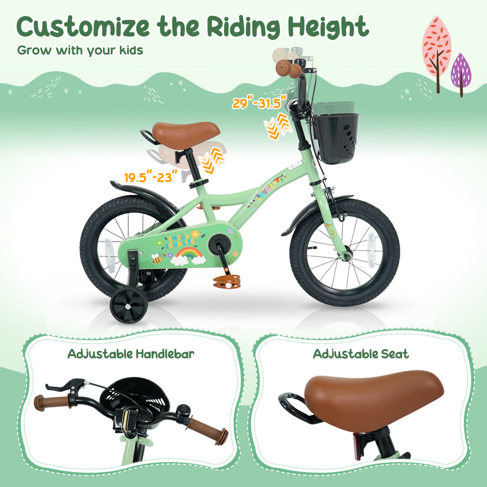 14-inch green girls bike for ages 3-5 features adjustable seat, handlebar, and a convenient basket for fun rides.