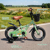 14-inch green girls bike with detachable training wheels, storage basket, and reflectors for safety and fun riding.