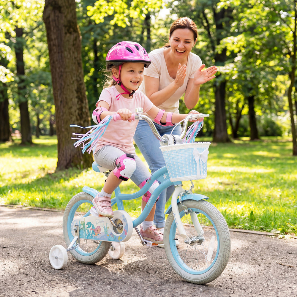 14 Inch Kids Bike Adjustable with Basket and Streamers Blue for Kids Aged 3-5 Years Old - Princess of the Sea Theme - Gallery View 1 of 10