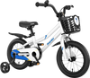 14-inch kids bike in white with adjustable seat, training wheels, and removable basket for ages 3-5 years.
