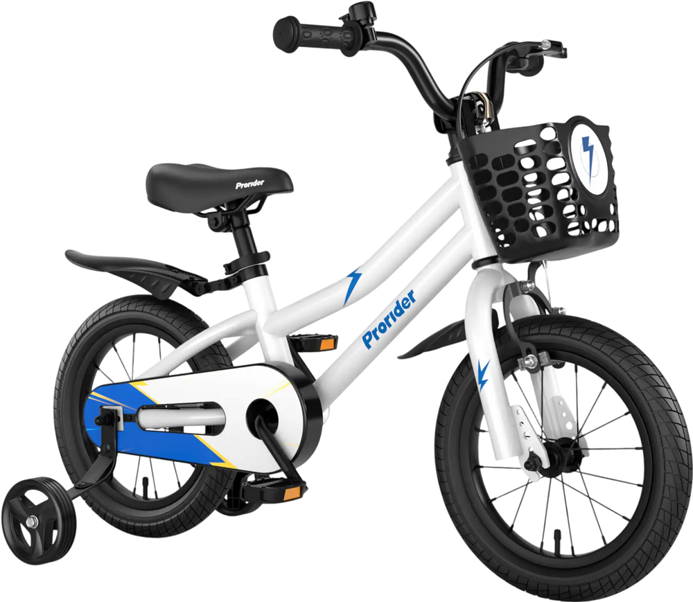 14-inch kids bike in white with adjustable seat, training wheels, and removable basket for ages 3-5 years.
