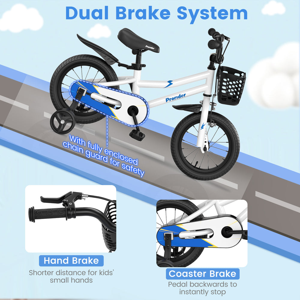 14-inch kids bike with adjustable handlebar, hand brake, coaster brake, and training wheels for ages 3-5, in white.