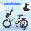 14-inch kids bike in white with adjustable seat and handlebar, featuring training wheels and a removable basket for.