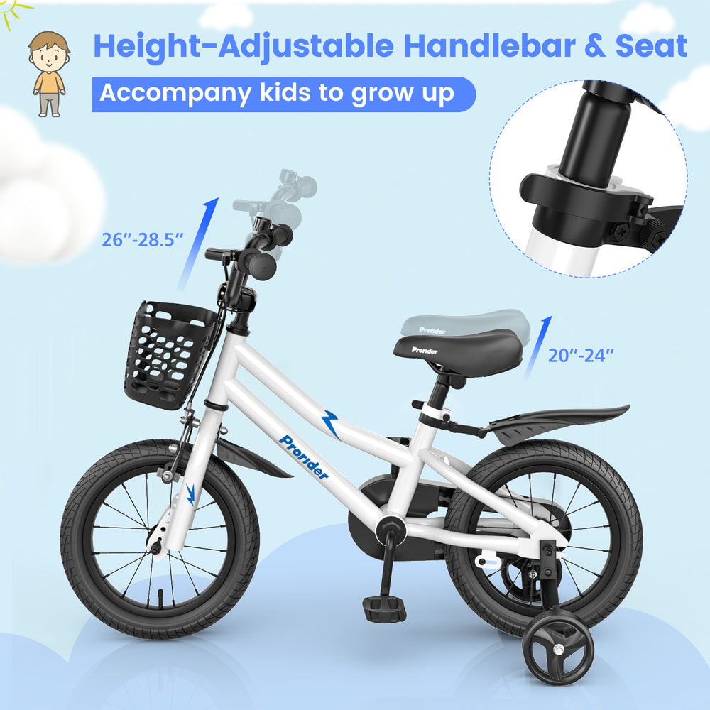 14-inch kids bike in white with adjustable seat and handlebar, featuring training wheels and a removable basket for.