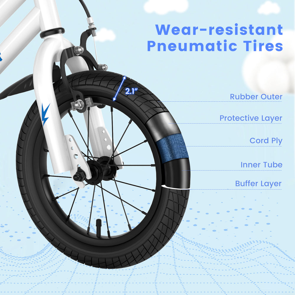 Wear-resistant pneumatic tire of a 14-inch kids bike, showcasing rubber outer, buffer layer, and protective layer for.