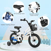 14-inch kids bike in white with adjustable seat, training wheels, and removable storage basket for ages 3-5.
