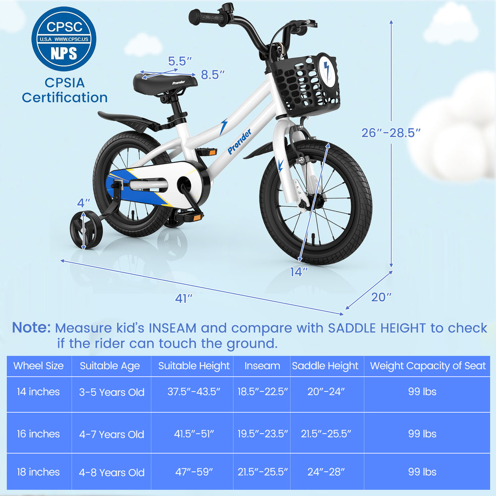 Saddle height adjustment detail of a 14-inch kids bike in white, suitable for ages 3-5 years, with training wheels.