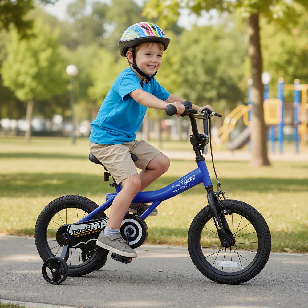 14-inch navy kids bike with removable training wheels, adjustable seat, and handbrakes for safe, comfortable riding.