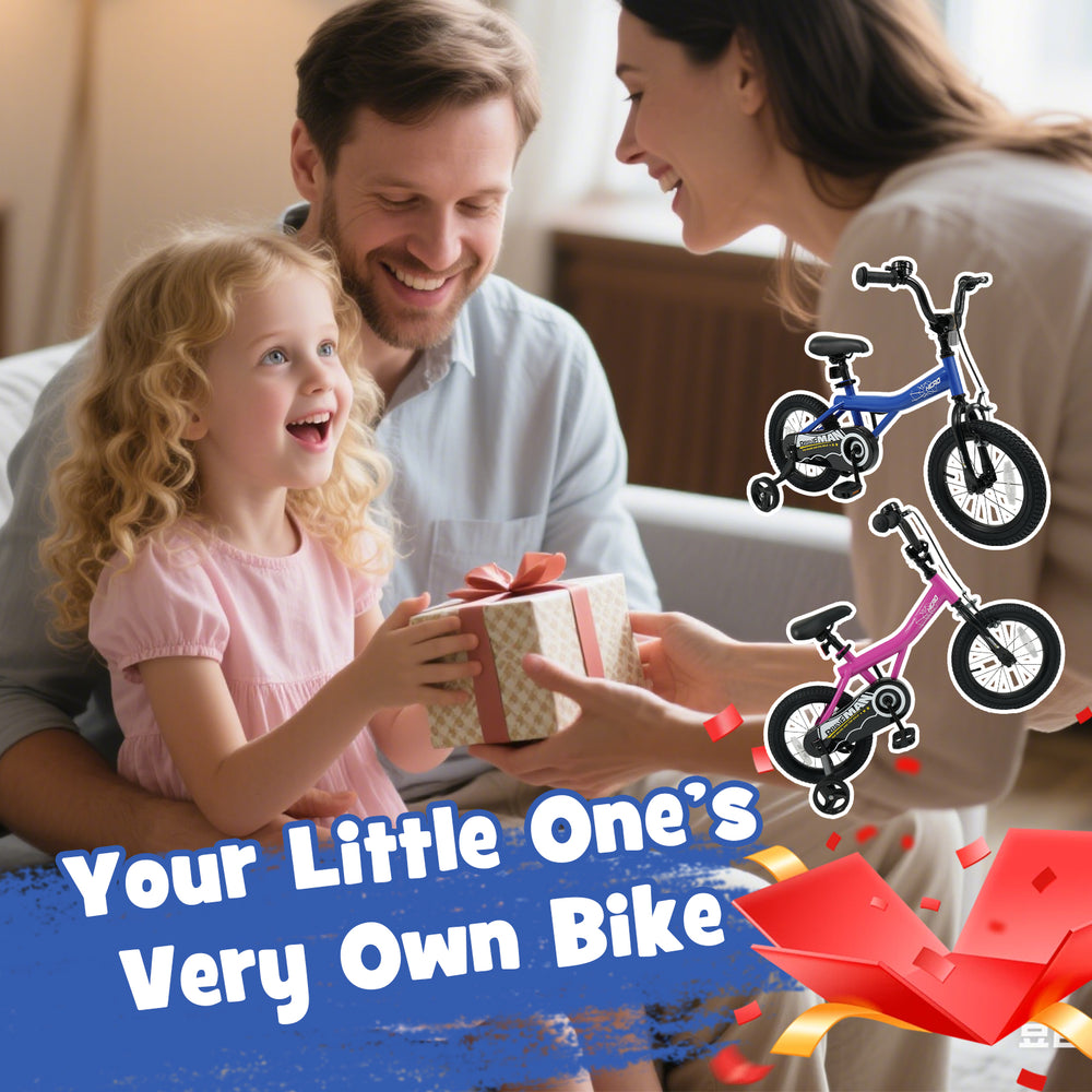 14-inch navy kids bike with removable training wheels, adjustable seat, and handbrakes for safe riding fun.
