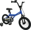14-inch navy kids bike with removable training wheels, adjustable seat, and handbrakes for safe and comfortable riding.