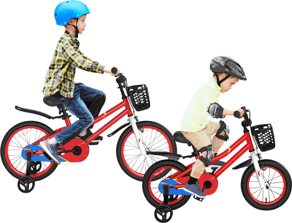 Two kids riding 14-inch red bikes with adjustable seats and handlebars, featuring training wheels and storage baskets.