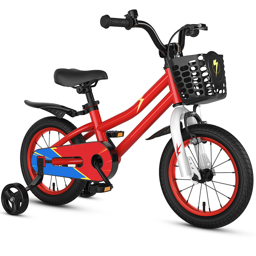 14-inch red kids bike with blue accents, adjustable seat, training wheels, and removable storage basket for fun rides.