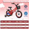 14-inch kids bike in red with adjustable seat and handlebar, featuring a removable basket for toys and snacks.