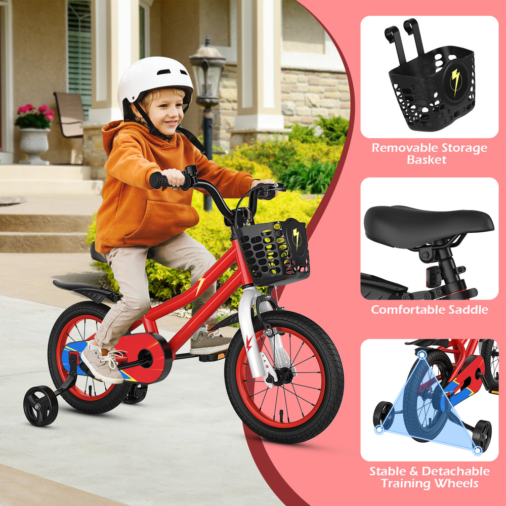 14-inch red kids bike with removable storage basket, adjustable seat, and stable training wheels for beginner riders.
