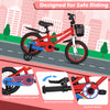 14-inch red kids bike with adjustable seat, hand brake, and training wheels, designed for safe riding and comfort.