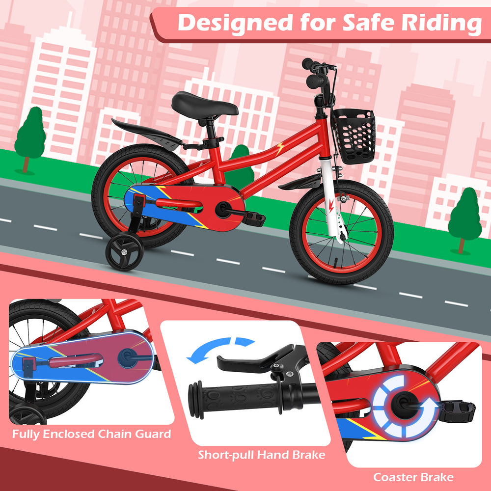 14-inch red kids bike with adjustable seat, hand brake, and training wheels, designed for safe riding and comfort.