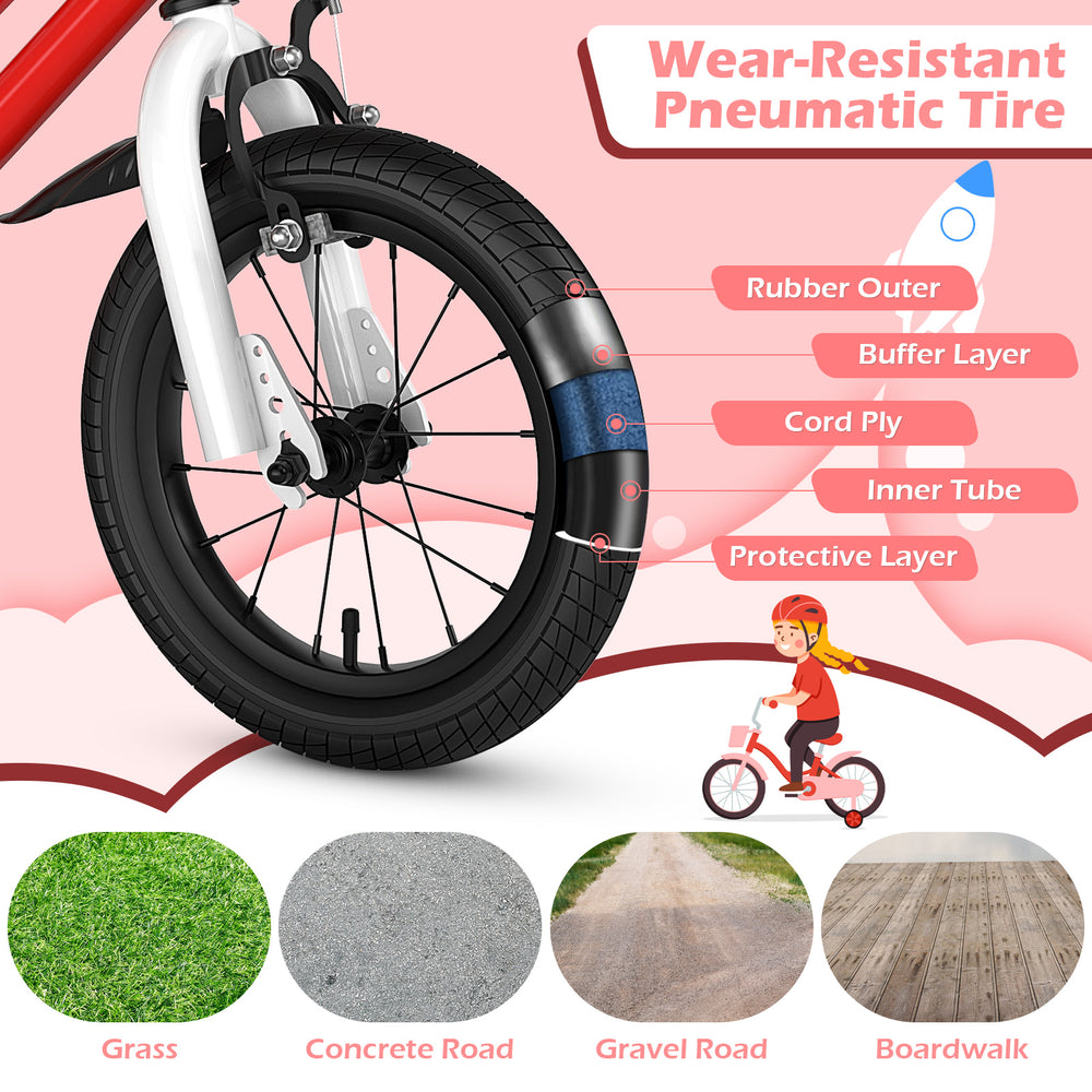 Close-up of the wear-resistant pneumatic tire on a 14-inch kids bike, featuring rubber outer and protective layer for.