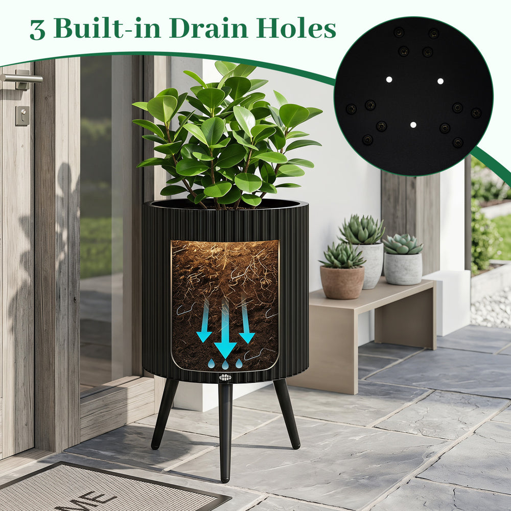 14-inch fluted metal plant pot with tapered legs, featuring 3 built-in drain holes for healthy root growth.